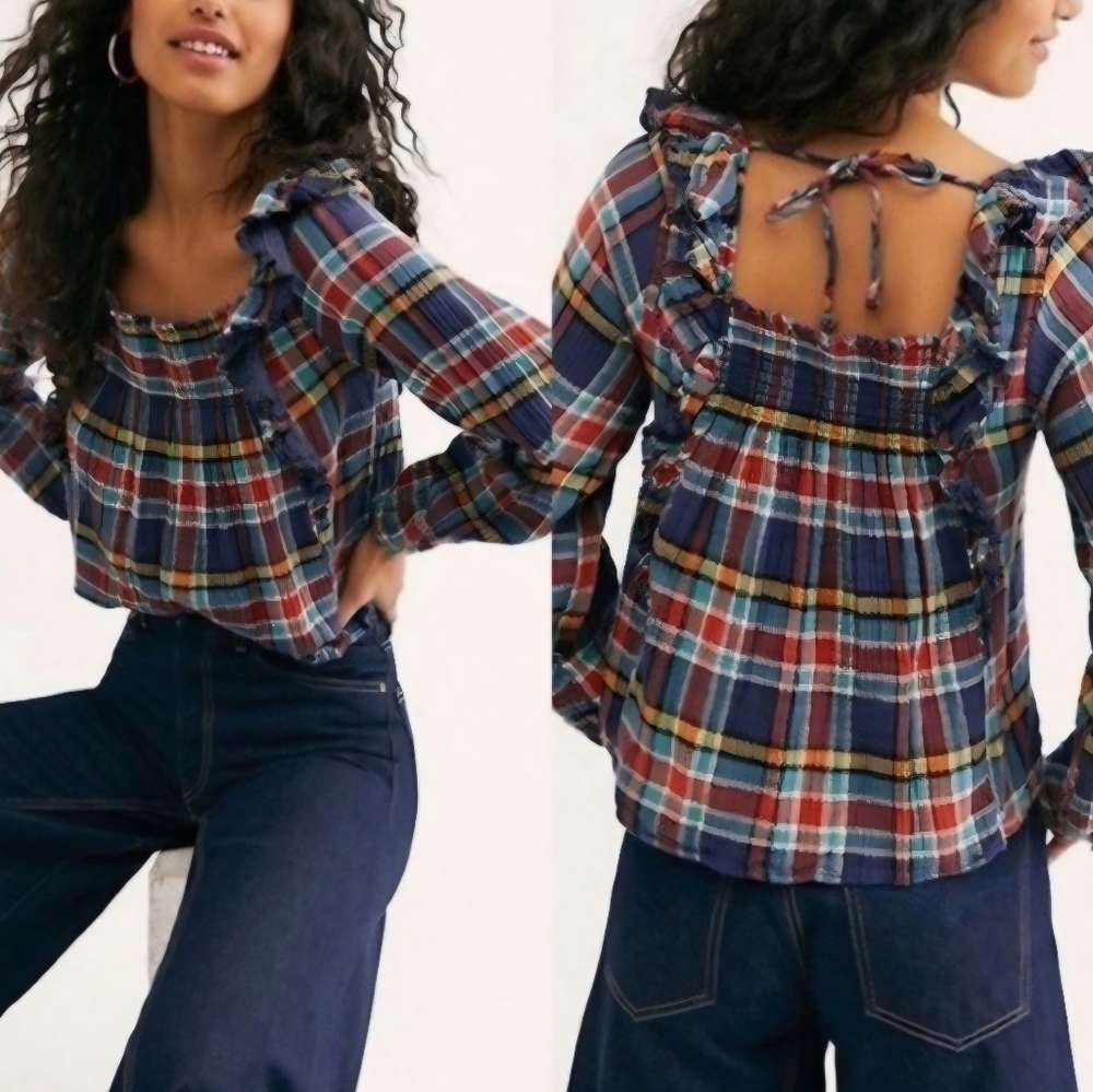 Free People We The Free Siena Ruffled Plaid Pullover Top Medium - New With Tag